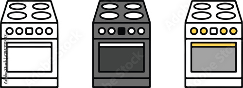 Gas stove vector icon set featuring minimalist electric oven range and kitchen appliance for domestic cooking household equipment and restaurant interior design.