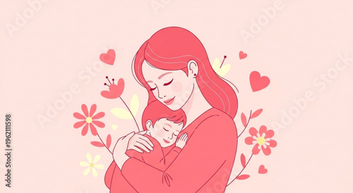 Mother tenderly holding and hugging her baby surrounded by flowers and hearts on a pink background