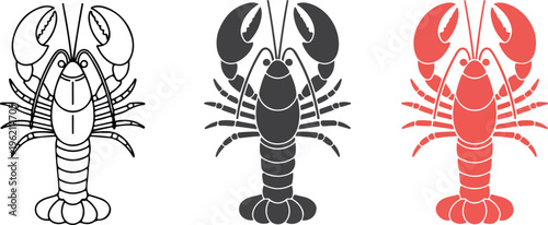 Lobster vector icon set featuring minimalist crustacean for seafood restaurant menu marine biology ocean life and gourmet dining design.