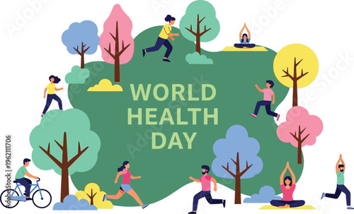 World health day illustration with diverse people engaging in physical activities