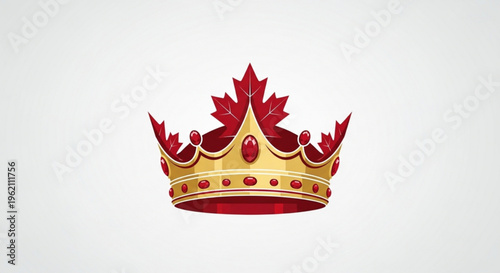 Golden crown with red jewels and maple leaf design on white background symbolizing royalty and luxury