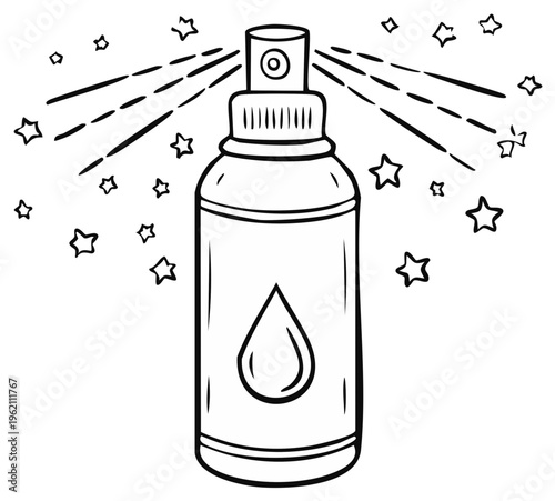 Cartoon drawing of an aerosol spray bottle with stylized stars.