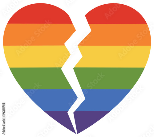 Broken rainbow striped heart shape symbol for LGBTQ love and loss metaphor for relationship challenges