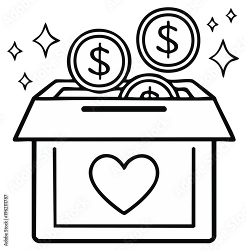 Donation box with heart symbol and coins falling in for charity concept