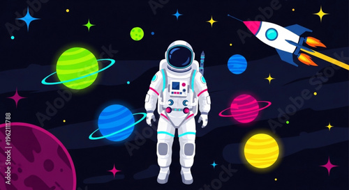 Astronaut in space suit floats among colorful planets and stars with rocket ship