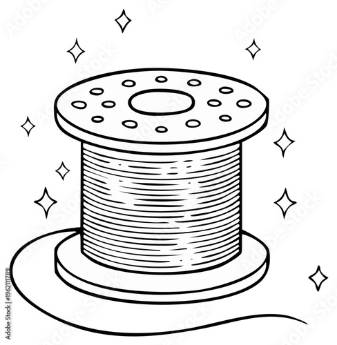 Black and white illustration of thread spool with decorative stars, sewing craft concept.
