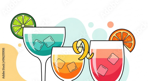 Colorful cocktails with ice cubes and fruit slices on a white background with abstract shapes