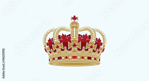 Golden crown with red jewels and maple leaves on white background symbolizing royalty and canadian heritage