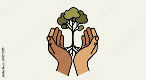 Diverse hands cradling a growing tree symbolizing environmental care and unity