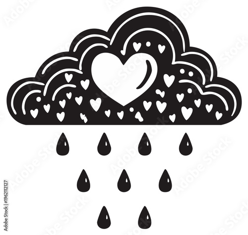 Heart Rain Cloud Symbol with Falling Droplets in Black and White