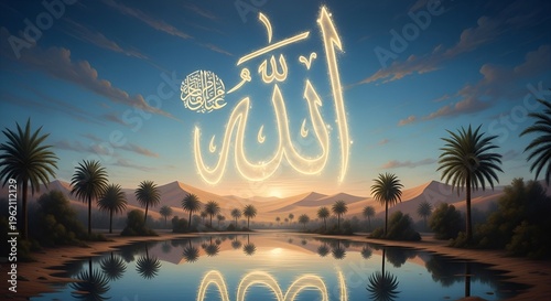 Illuminated Arabic calligraphy in desert landscape with reflections