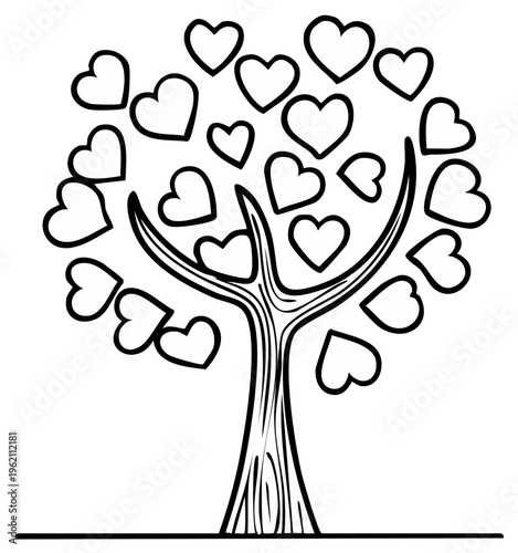 Line art drawing of a heart tree symbolizing love and relationships for printable coloring pages and illustrations