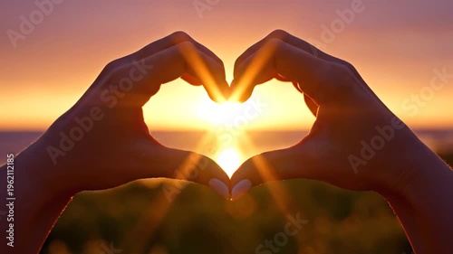 Hands forming heart shape with golden sun setting over ocean