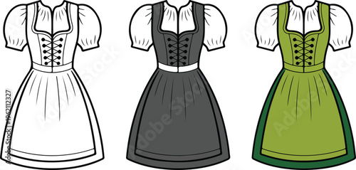 Traditional Dirndl dress vector icon set featuring minimalist Bavarian clothing for Oktoberfest cultural festival folk fashion and German heritage design.