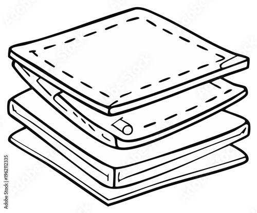 Stack of white cloth napkins with stitched edges in outline style. Linen or textile material concept.