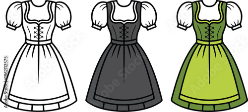 Traditional Dirndl dress vector icon set featuring minimalist Bavarian clothing for Oktoberfest cultural festival folk fashion and German heritage design.