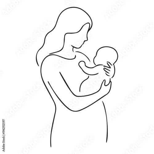 Minimalist Black and White Line Art of a Mother Breastfeeding Her Newborn Baby