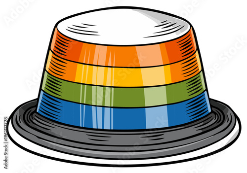 Colorful cartoon hat with layered bands and black brim in illustration
