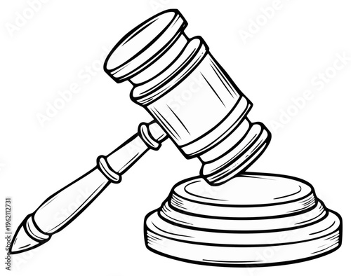 Black and white illustration of wooden judge gavel and sound block