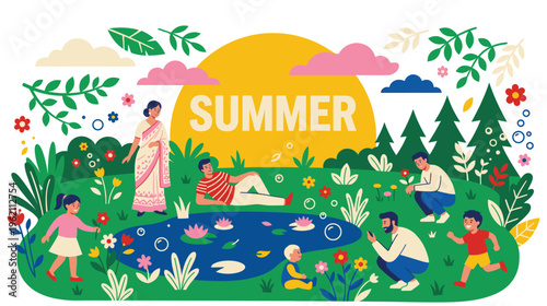 Large family spending quality time outdoors in sunny summer landscape.