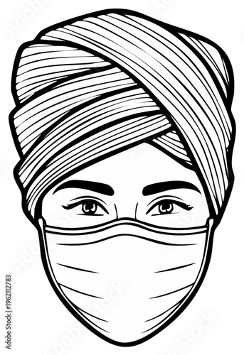 Woman wearing turban and face mask illustration for health safety or cultural representation in black and white linear design