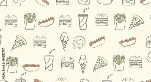 Seamless pattern of hand-drawn fast food items including burgers, hot dogs, fries, pizza, soda, and ice cream on a light background.
