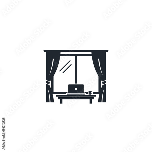 Black silhouette of a laptop on a table by the window.