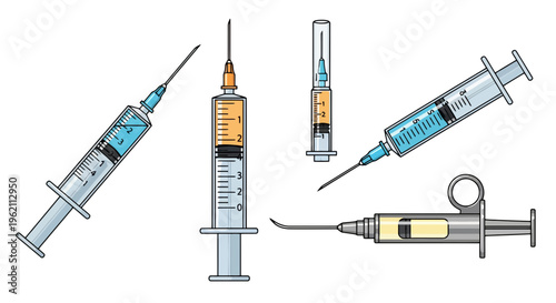 Set of Medical Syringes and Hypodermic Needles Vector Illustrations, Plastic Injection Tools for Vaccination, Healthcare and Medicine Concept