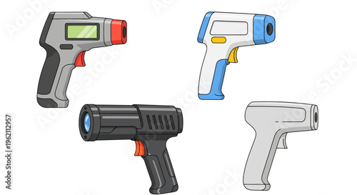Set of non-contact infrared digital thermometer guns for medical temperature scanning, infrared laser thermometer icons isolated on white background