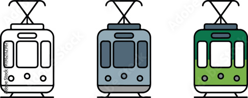 Tram vector icon set featuring minimalist light rail vehicle for urban public transportation city commute and electric streetcar transit system design.