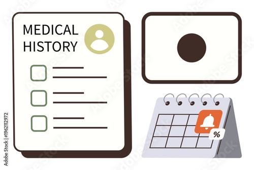 Health management, scheduling, documentation, digital records, medical history, organization. Medical history checklist, calendar with alert and camera icon. Health management and scheduling