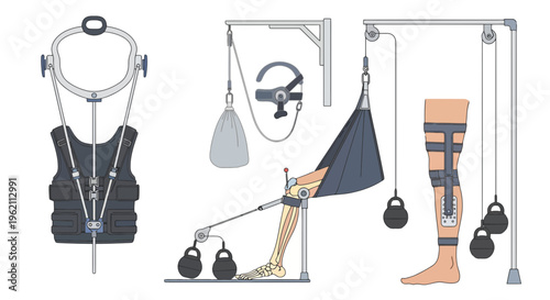 Set of Medical Orthopedic Traction Devices and Spinal Braces, including Cervical Halo Vest and Leg Traction Pulley Systems for Fracture Rehabilitation and Bone Recovery