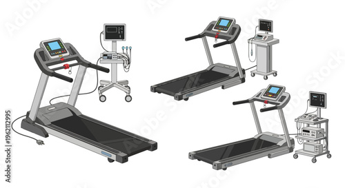 Medical Treadmills with Cardiac Stress Test Monitors and Diagnostic Equipment for Hospital and Rehabilitation Clinics Vector Illustration Set