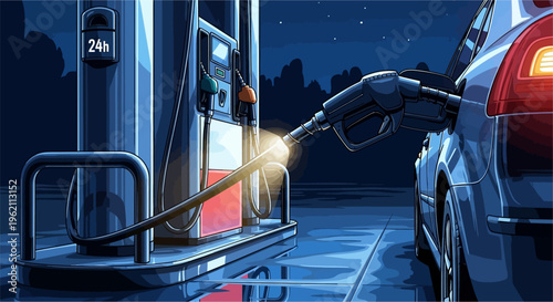 A car being refueled at a gas station at night, with the pump nozzle glowing as fuel is dispensed into the vehicle's tank.
