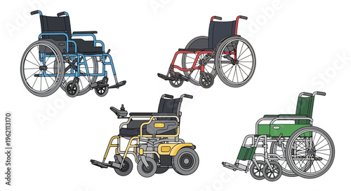 Set of Different Wheelchair Illustrations Including Manual and Electric Power Wheelchairs, Isolated Vector Icons for Medical Mobility and Accessibility