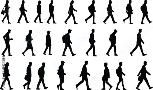 Walking people silhouettes in profile view showing diverse postures, clothing, and accessories, human movement illustration for design, motion analysis, and education