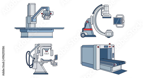 Medical Imaging Equipment Illustration Set Featuring X-ray Machine, C-arm Fluoroscopy, and MRI Diagnostic Scanner