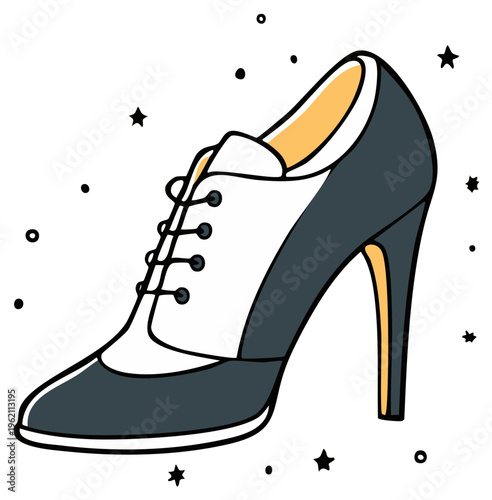 Art Deco Style Two Tone High Heel Shoe with Laces and Stars Decorative Elements