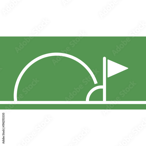 Golf flag marks the end of a challenging hole on a green course landscape.