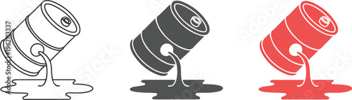 Industrial oil can vector icon set featuring minimalist tilted metal lubricant container with drop symbol for automotive engine maintenance and machinery service.