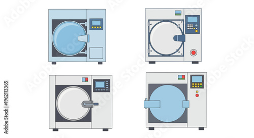 Set of medical autoclave machine vector illustrations for laboratory and hospital sterilization