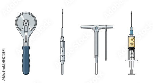 Set of surgical instruments and medical tools including a plaster saw, syringe, and orthopedic equipment isolated on white background