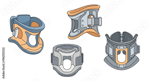 Vector Illustration Set of Medical Cervical Collars and Neck Braces for Injury Recovery and Spine Stabilization