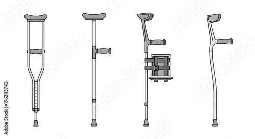 Set of Various Medical Crutches for Mobility Support and Injury Rehabilitation, Minimal Vector Illustration