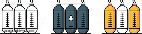 Industrial gas cylinder vector icon set featuring minimalist storage tanks for oxygen hydrogen energy fuel and chemical industry manufacturing process design.