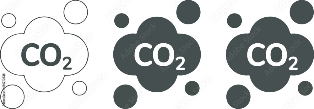 Fototapeta premium Carbon dioxide CO2 emission vector icon set featuring minimalist gas cloud symbols for environmental pollution global warming and greenhouse effect design.
