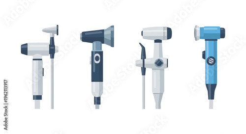 Medical Diagnostic Instruments Set including Otoscopes and Ophthalmoscopes for Ear and Eye Examinations Vector Illustration