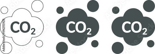 Carbon dioxide CO2 emission vector icon set featuring minimalist gas cloud symbols for environmental pollution global warming and greenhouse effect design.