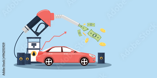 Flat art of a red car and gas pump with a rising red arrow. Money and coins flow from the fuel nozzle, representing high gasoline costs and inflation.