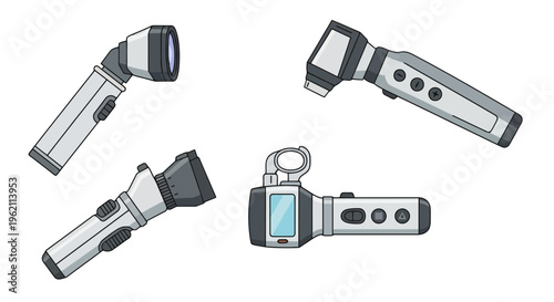 Medical diagnostic tools set featuring otoscopes and ophthalmoscopes for ear and eye examinations, vector illustration isolated on white background.